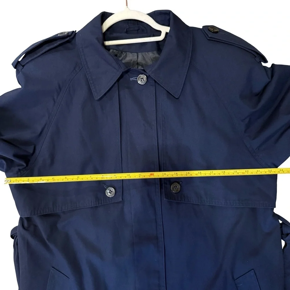 Image Navy Belted Trench Coat Size L or XL Classic Minimalist Outerwear - Picture 9 of 15